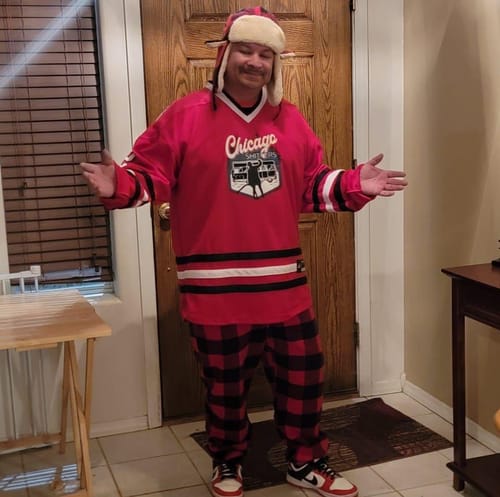 Click to view full screen Cousin Eddie #2 Chicago Shitters Christmas Vacation Style Hockey Jersey photo review