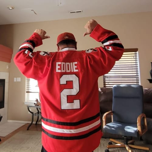 Click to view full screen Cousin Eddie #2 Chicago Shitters Christmas Vacation Style Hockey Jersey photo review
