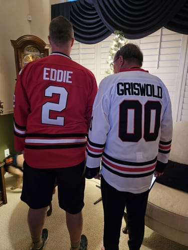 Click to view full screen Cousin Eddie #2 Chicago Shitters Christmas Vacation Style Hockey Jersey photo review