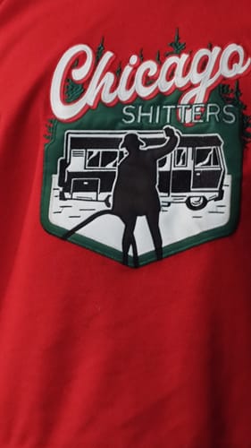 Click to view full screen Cousin Eddie #2 Chicago Shitters Christmas Vacation Style Hockey Jersey photo review